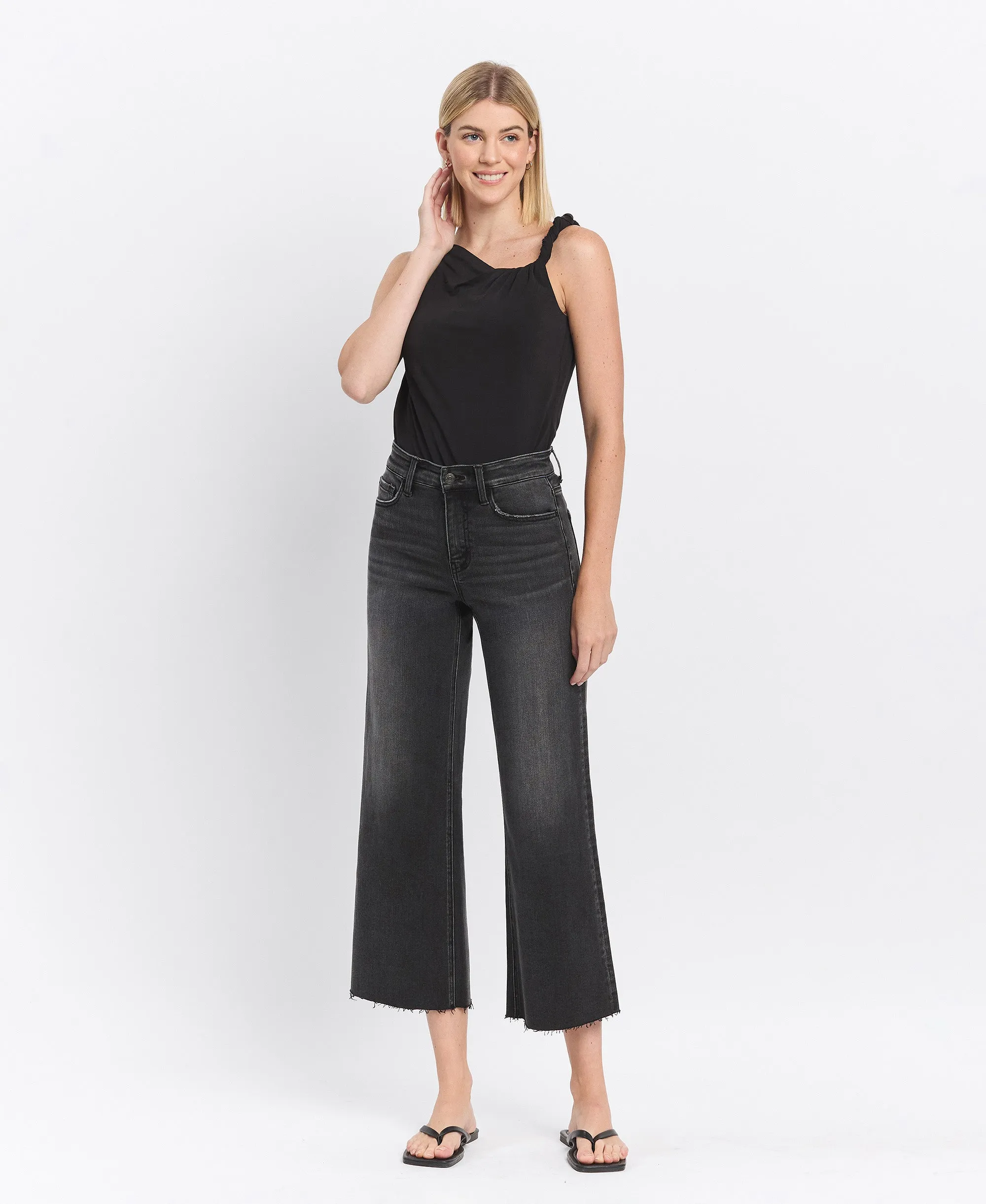 Acerbic - High Rise Clean Cut Raw Hem Crop Wide Leg Jeans