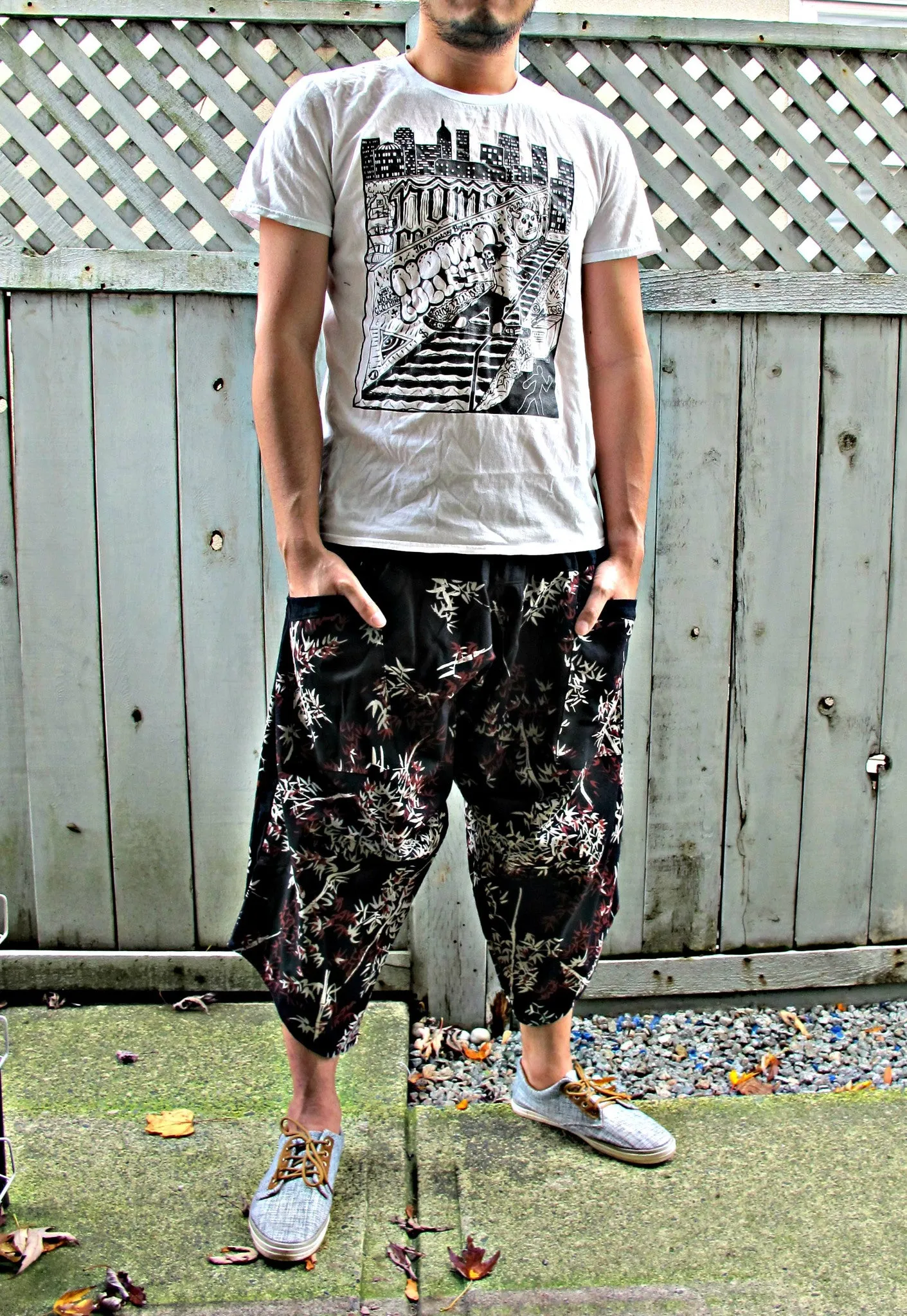 Bamboo Leaves  (BLACK) Elastic Waist Samurai Pants