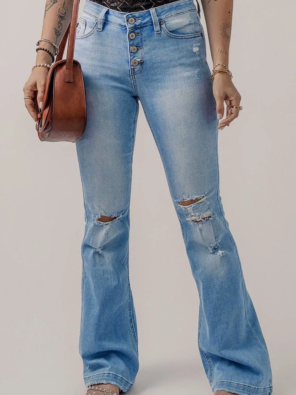 Beau Blue High Rise Distressed Button Fly Flare Jeans