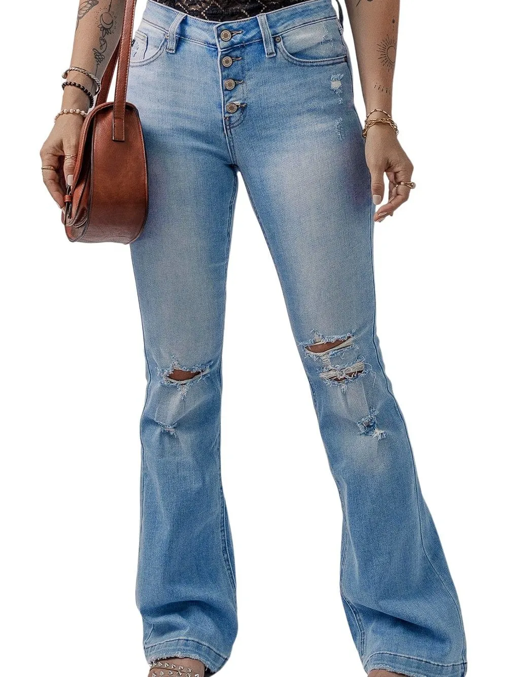 Beau Blue High Rise Distressed Button Fly Flare Jeans