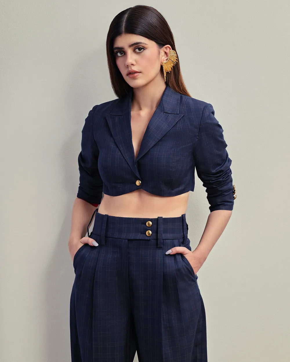 Blue Checks Cropped Blazer & Pants