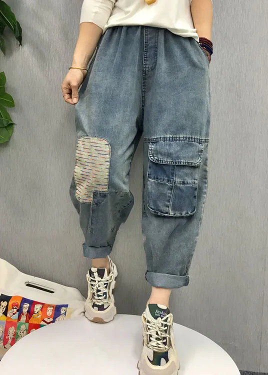 Bohemian Blue elastic waist patch applique denim Pants Spring