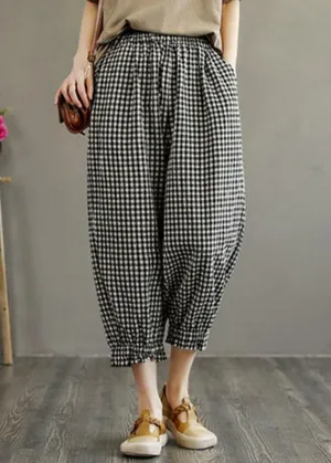 Bohemian Plaid Elastic Waist Pockets Harem Pants Linen