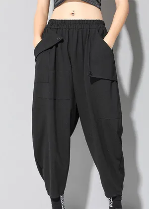 Boho Black Elastic Waist Pockets Casual Fall Harem Pants