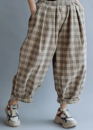 Boutique Beige elastic waist Plaid Cotton Pants Spring