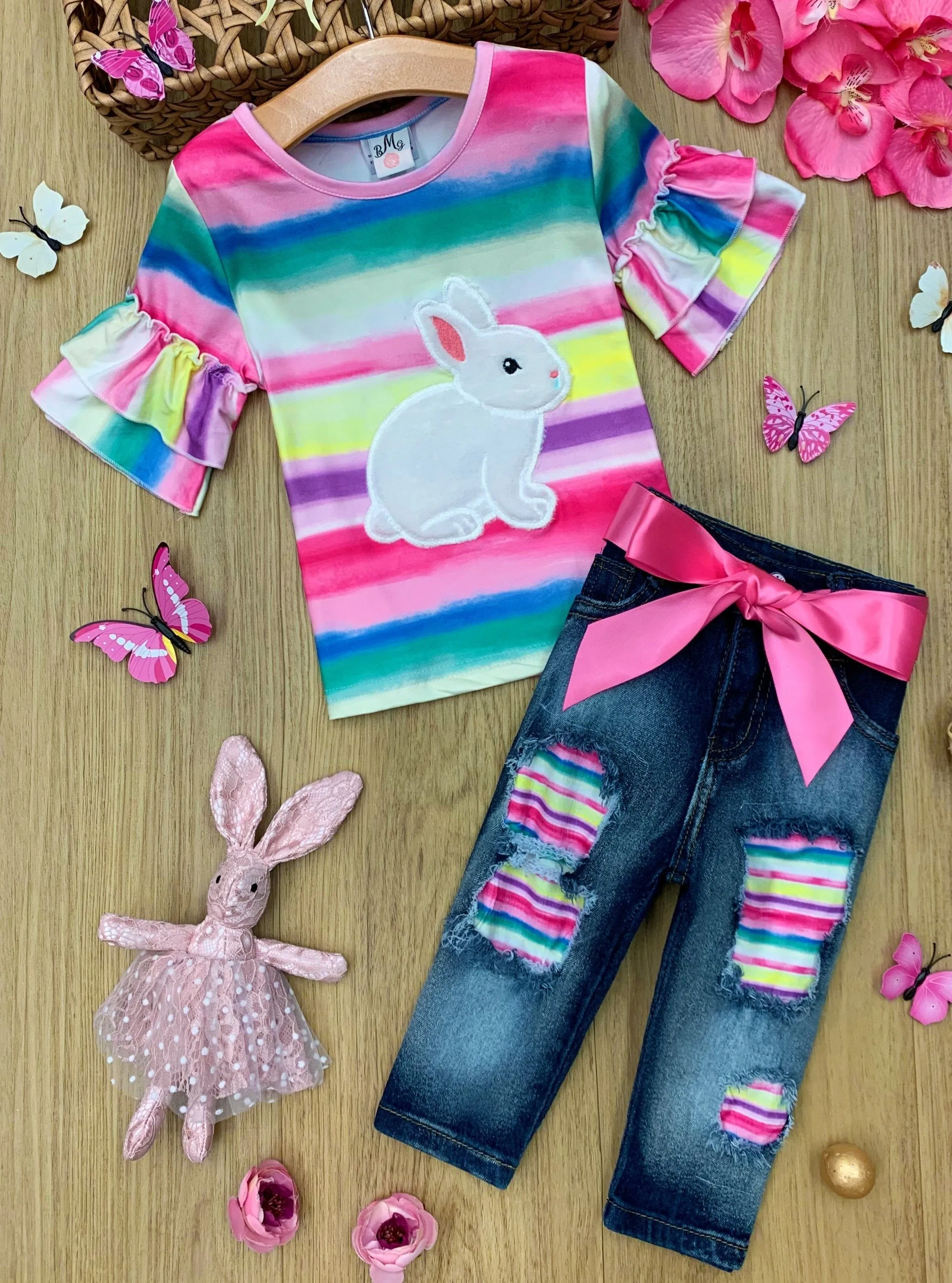 Bunny Time Rainbow Patched Jean Capris Set