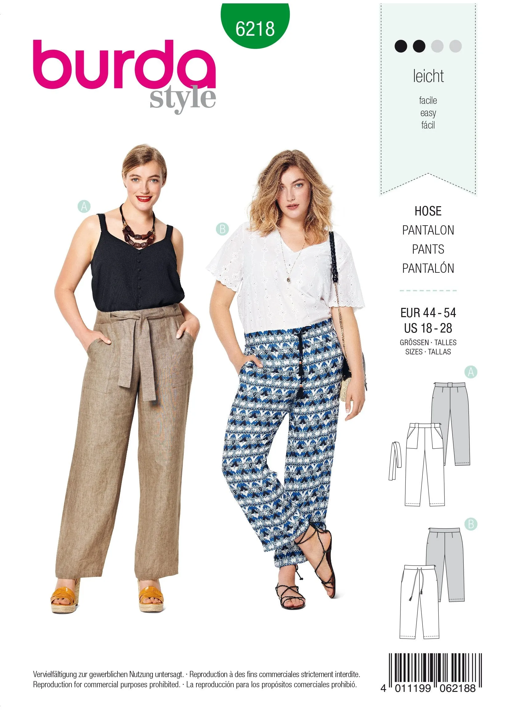 Burda Pattern 6218 Women's Trousers/Pants – Straight Leg – 
Patch Pockets