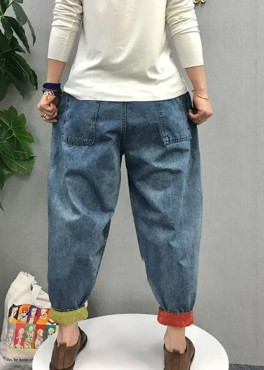 Casual Blue elastic waist Pockets denim Pants Spring