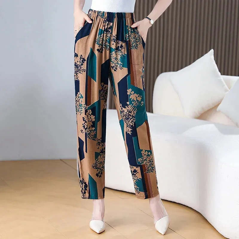 Casual High Waist Harem Printed Pants Elastic Waist Bottoms