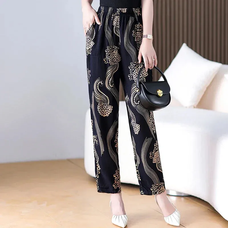 Casual High Waist Harem Printed Pants Elastic Waist Bottoms