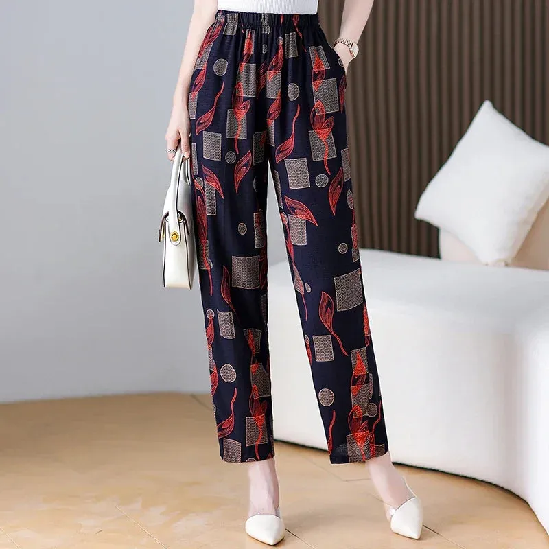 Casual High Waist Harem Printed Pants Elastic Waist Bottoms