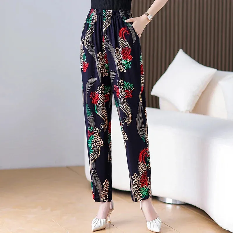 Casual High Waist Harem Printed Pants Elastic Waist Bottoms