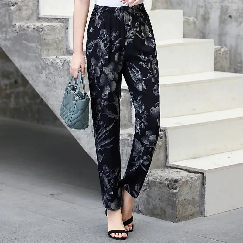 Casual High Waist Harem Printed Pants Elastic Waist Bottoms