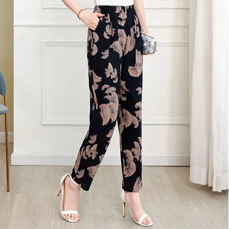 Casual High Waist Harem Printed Pants Elastic Waist Bottoms