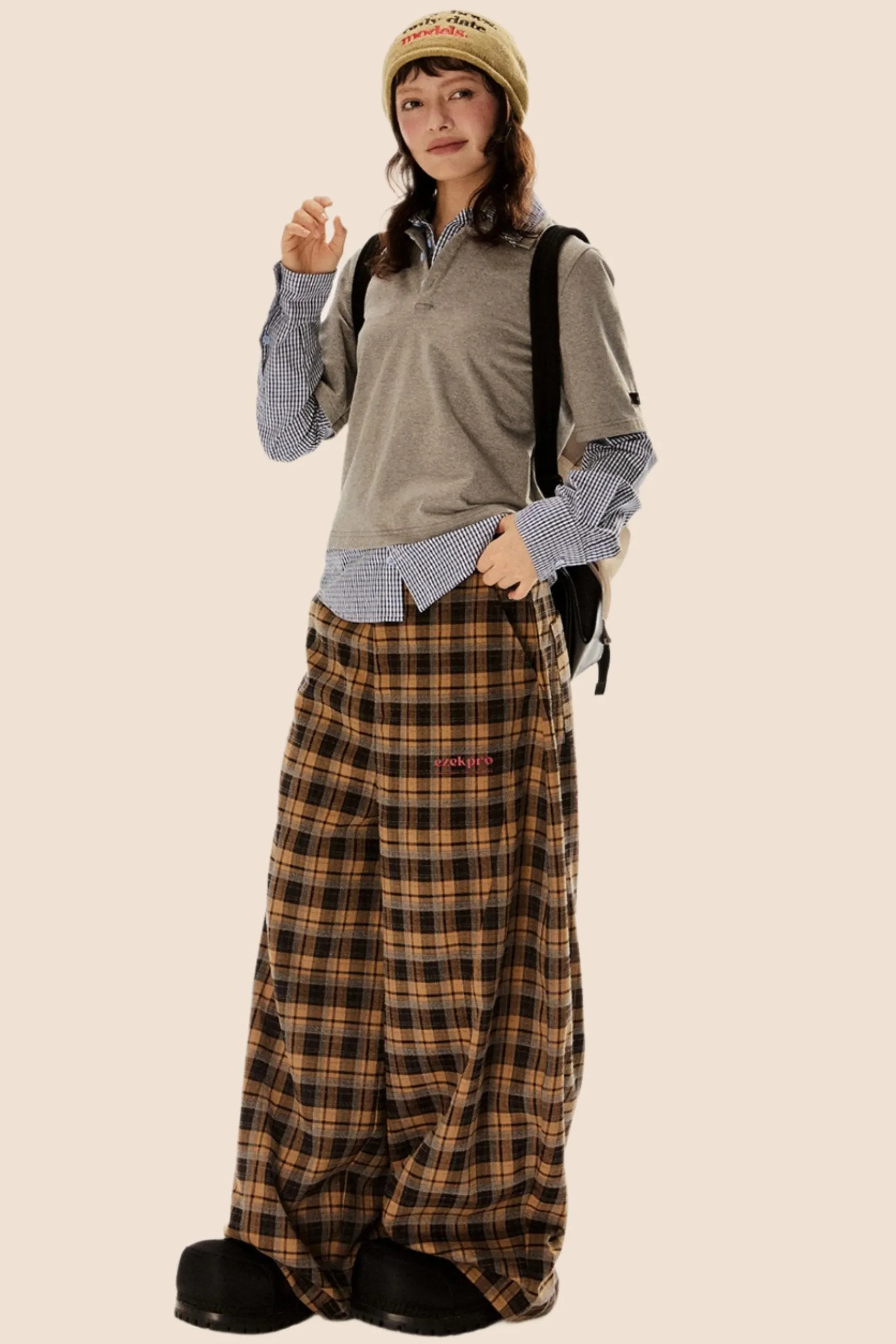 Casual Straight-Leg Plaid Pants