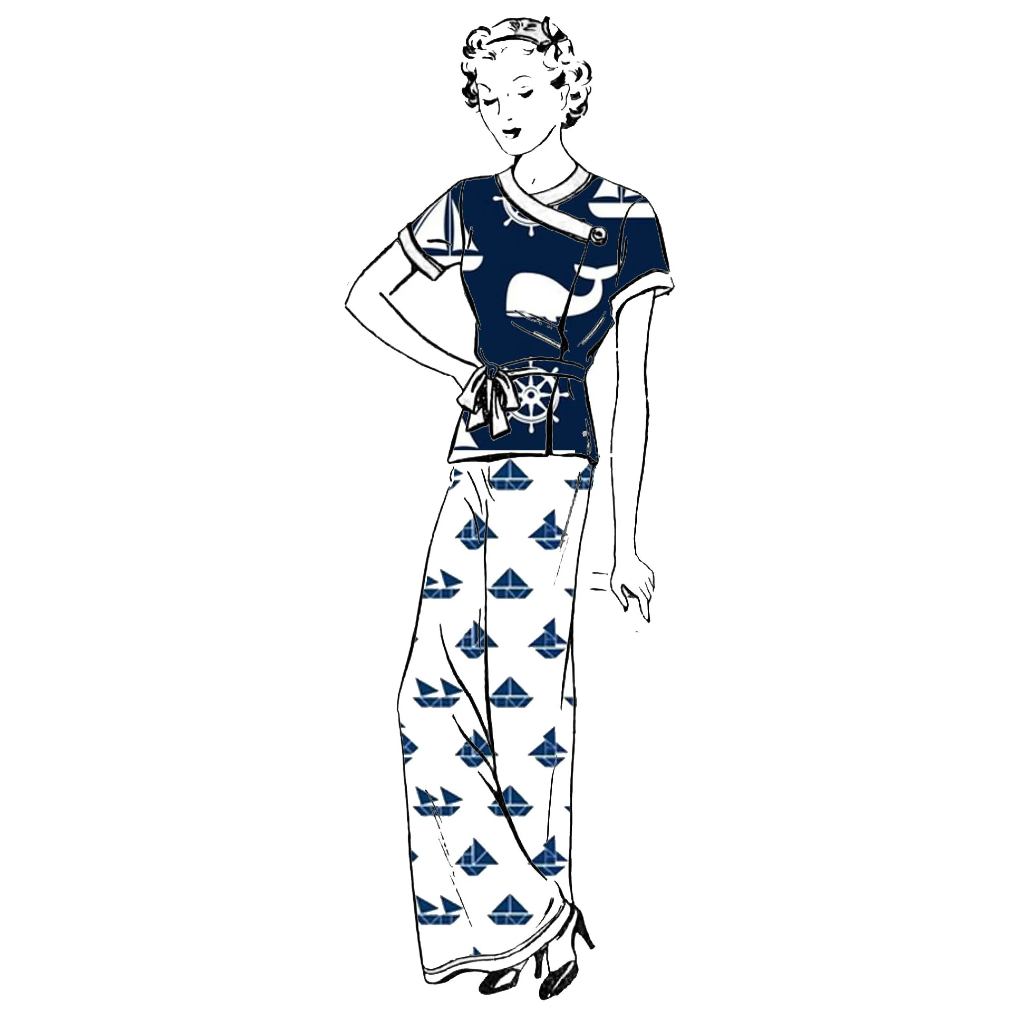 Chic 1930's Sewing Pattern: Pyjamas / Beachwear Wide Leg Trousers Top - Bust 36" (91cm)