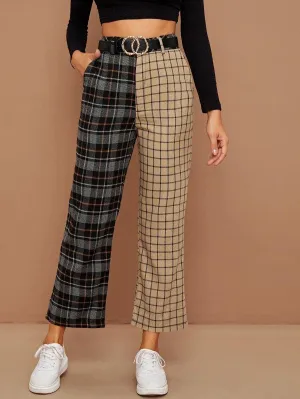 Colorblock Plaid Wide-Leg Pants