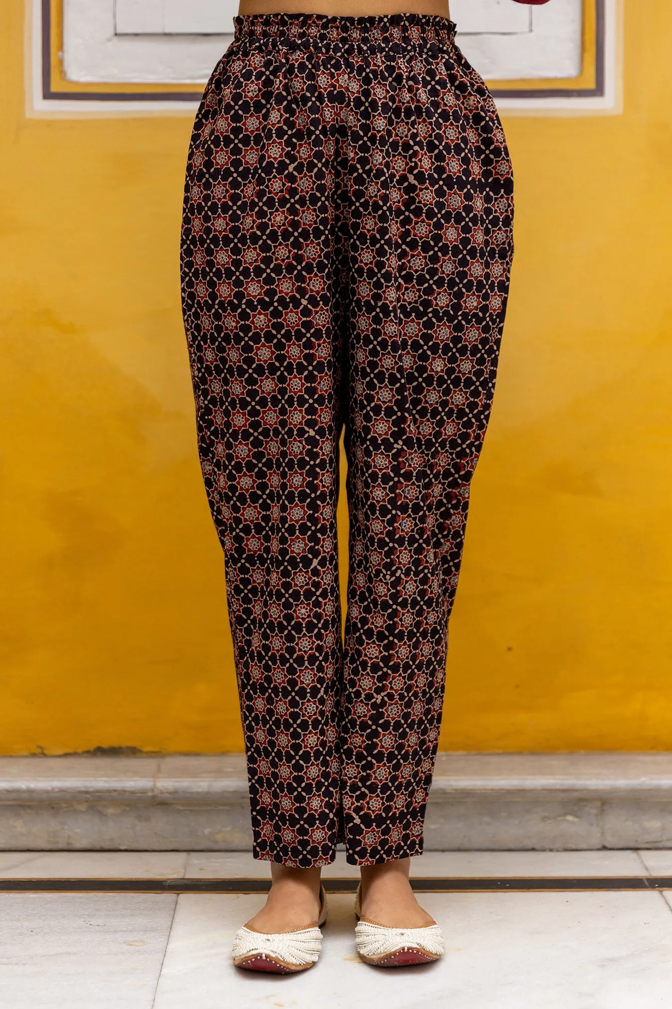 Cotton Ajrakh Printed Pants in Black with Elastic Waist