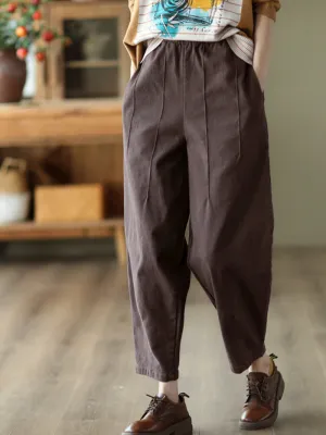 Cotton Elastic Waist Loose Solid Color Casual Harem Pants