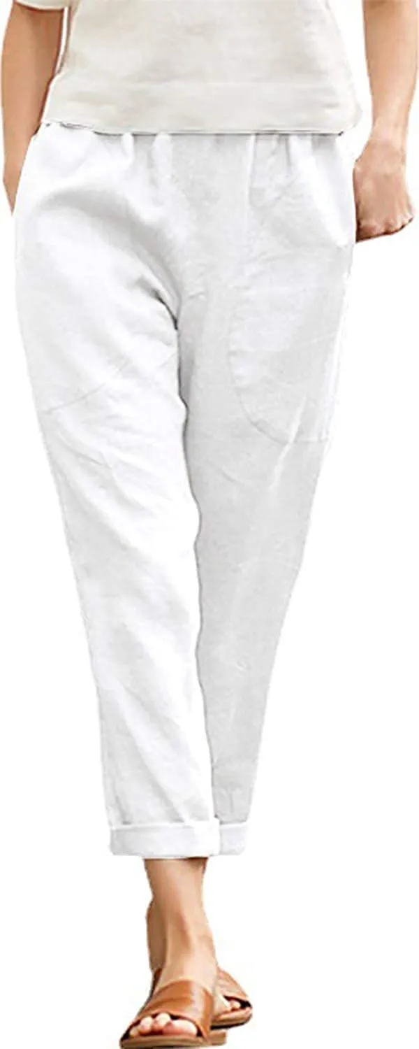 FashionSierra - Casual Cotton Tapered Capri Cargo Pants Loose Elastic Waist Ankle Cropped Trouser