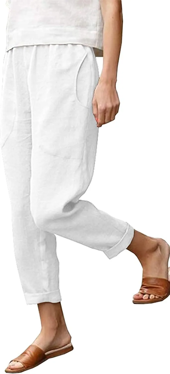 FashionSierra - Casual Cotton Tapered Capri Cargo Pants Loose Elastic Waist Ankle Cropped Trouser