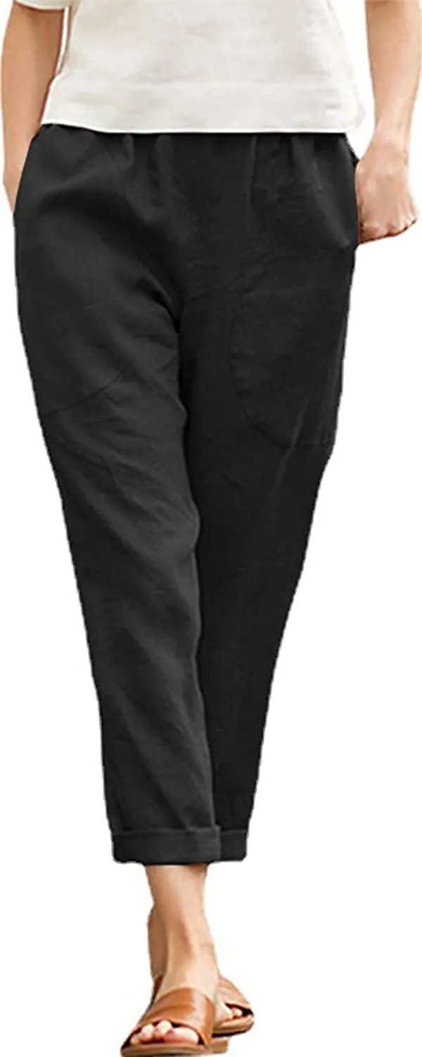 FashionSierra - Casual Cotton Tapered Capri Cargo Pants Loose Elastic Waist Ankle Cropped Trouser