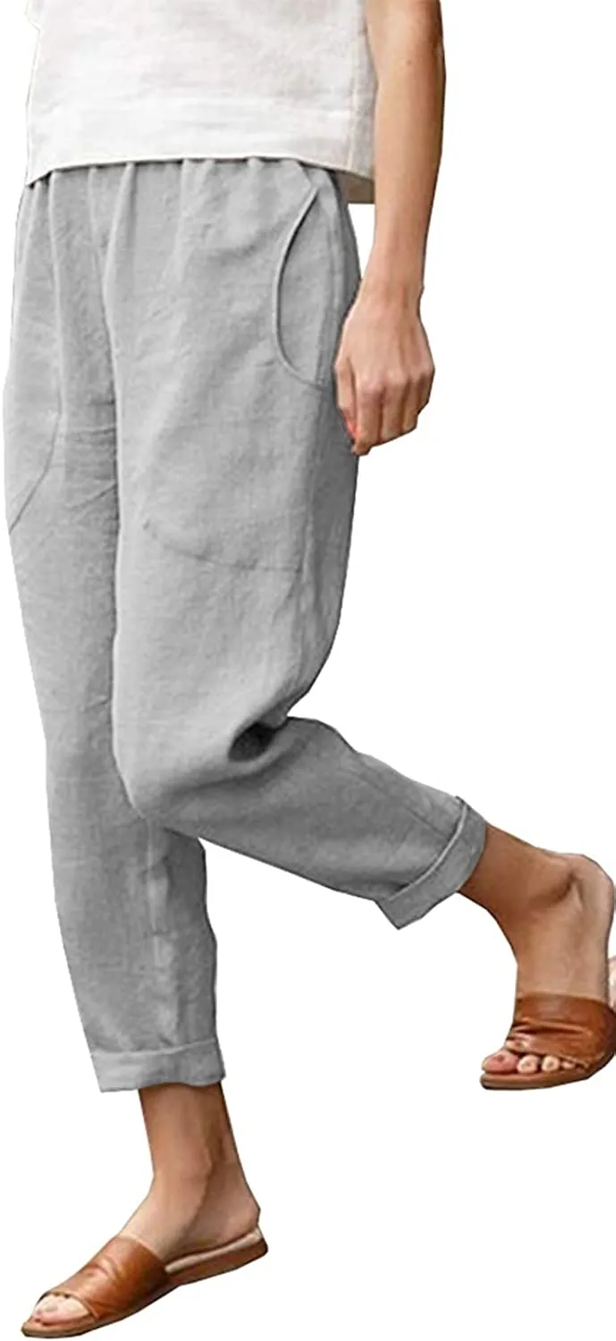 FashionSierra - Casual Cotton Tapered Capri Cargo Pants Loose Elastic Waist Ankle Cropped Trouser