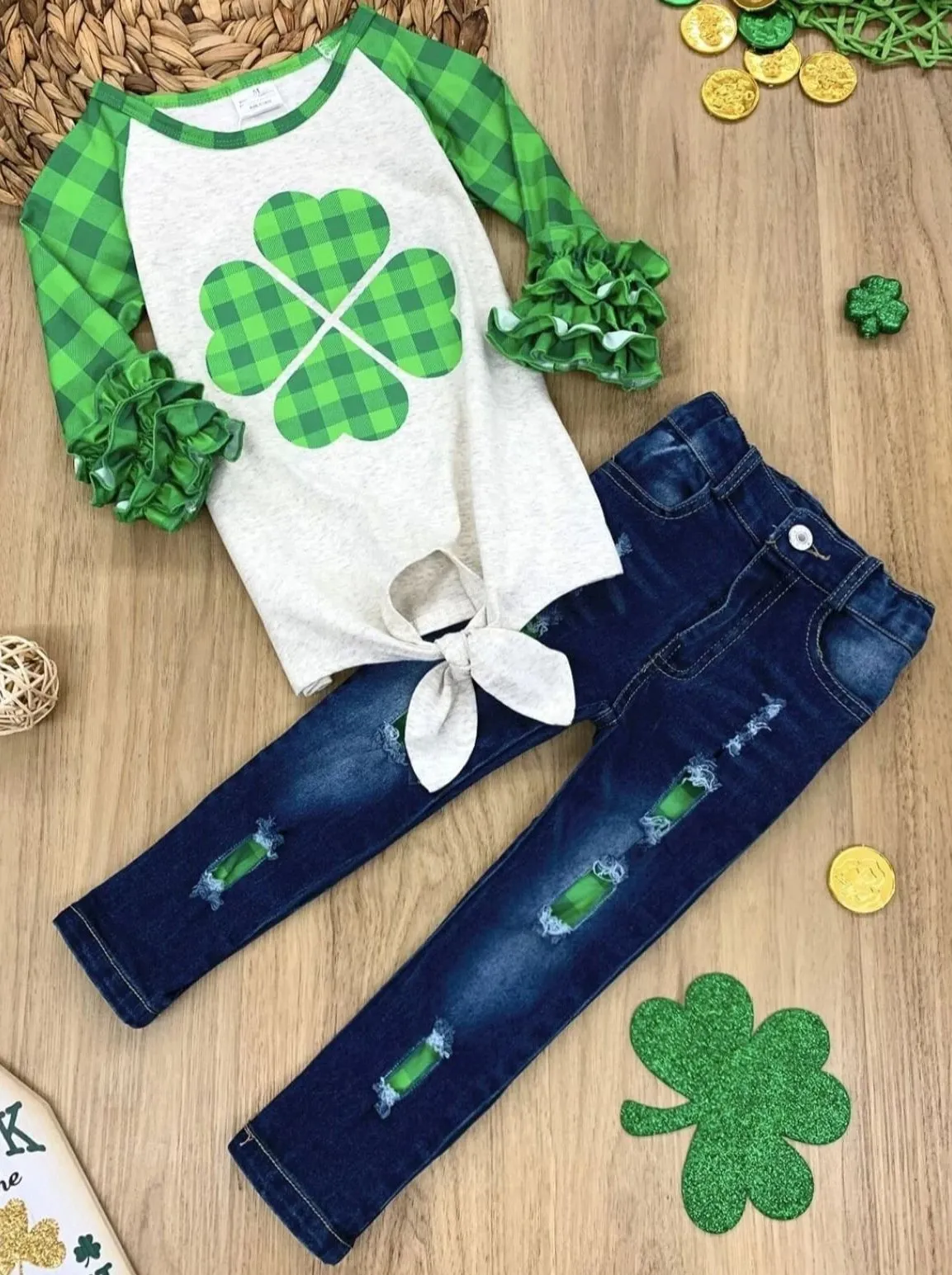 Four Leaf Clover Patched Jeans Set