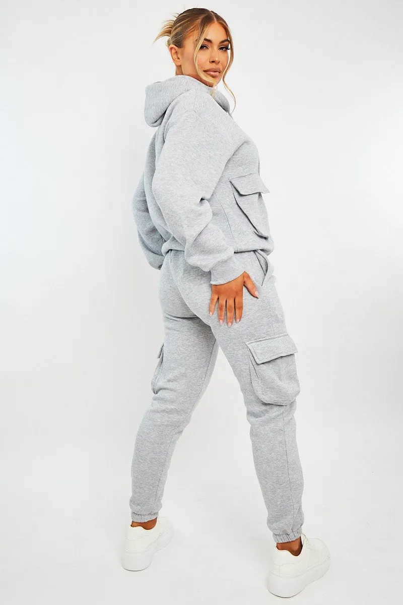 Grey Cargo Pocket Hoodie and Joggers Tracksuit - Aafiya