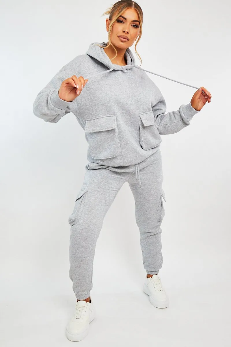 Grey Cargo Pocket Hoodie and Joggers Tracksuit - Aafiya