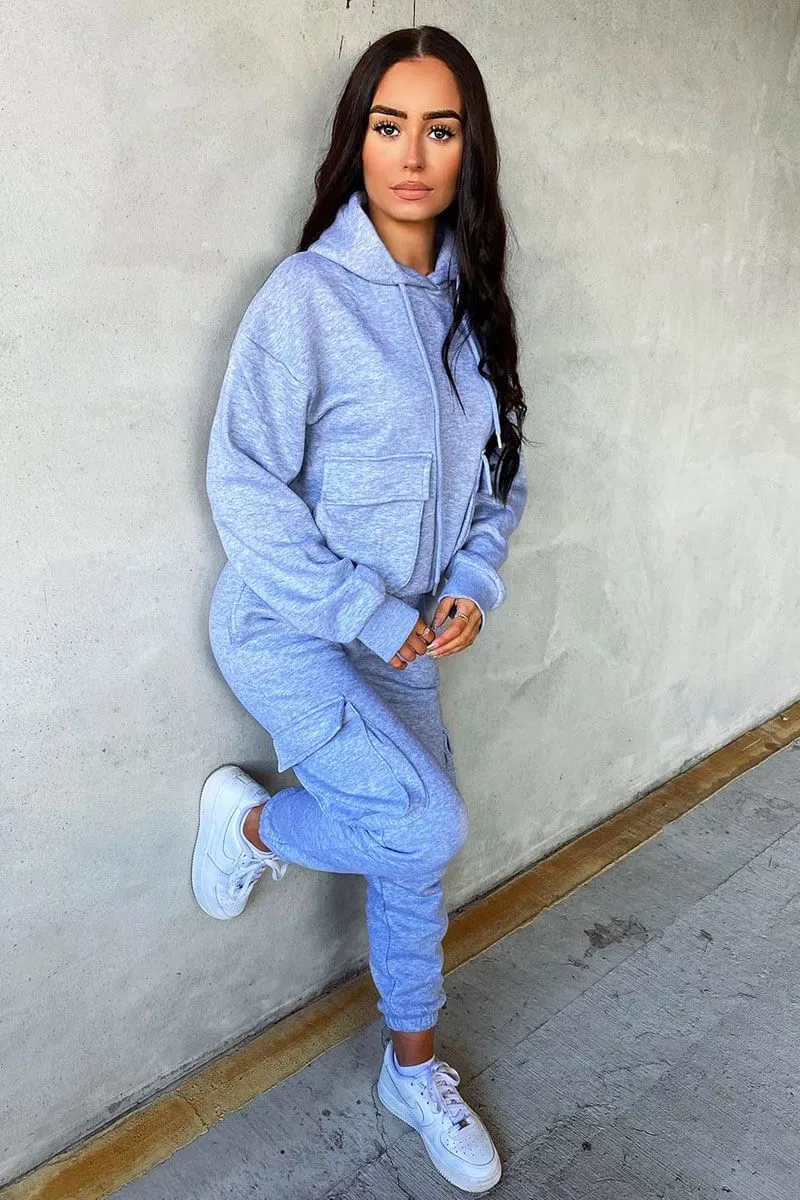 Grey Cargo Pocket Hoodie and Joggers Tracksuit - Aafiya