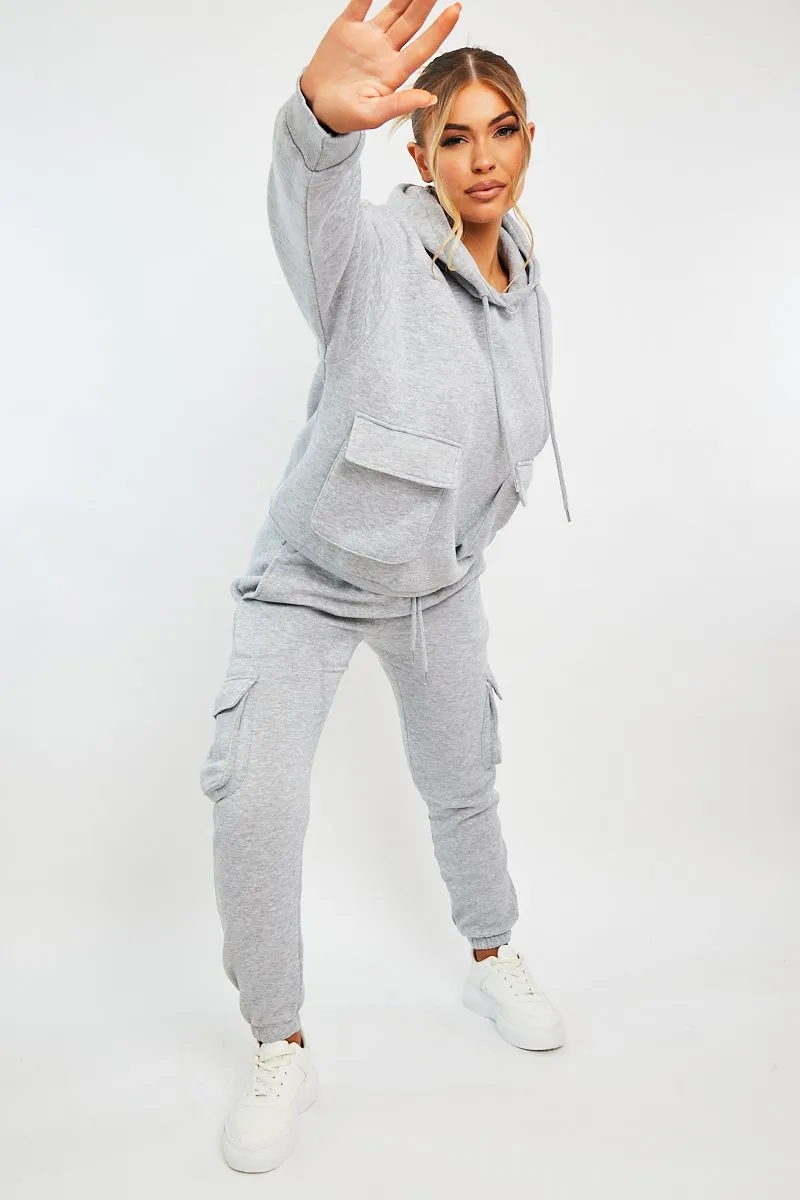 Grey Cargo Pocket Hoodie and Joggers Tracksuit - Aafiya