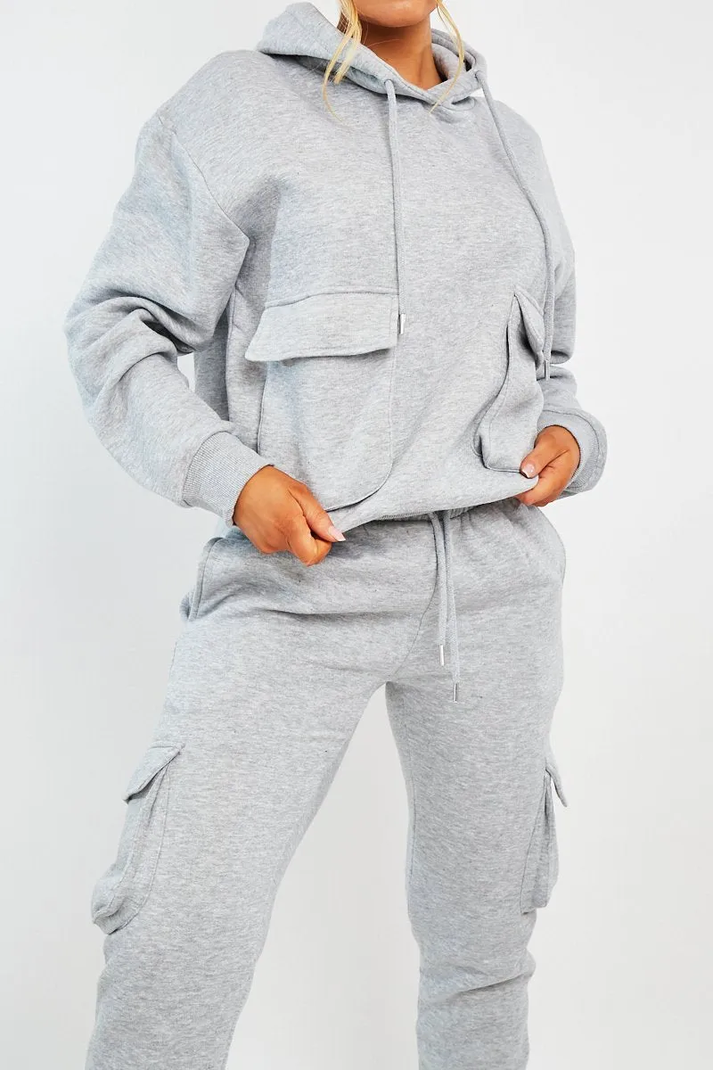 Grey Cargo Pocket Hoodie and Joggers Tracksuit - Aafiya