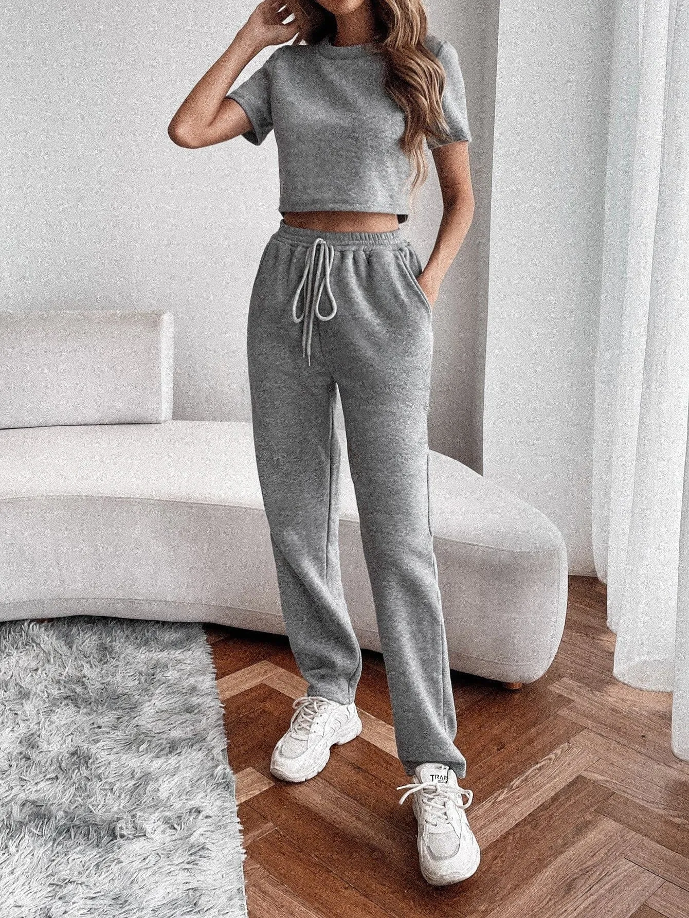 Grey Round Neck Thermal Lined Sweatshirts and Sweatpants