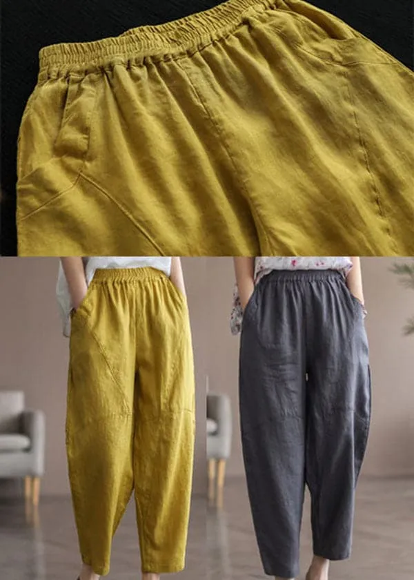 Italian Yellow Elastic Waist Pockets Linen Pants Summer