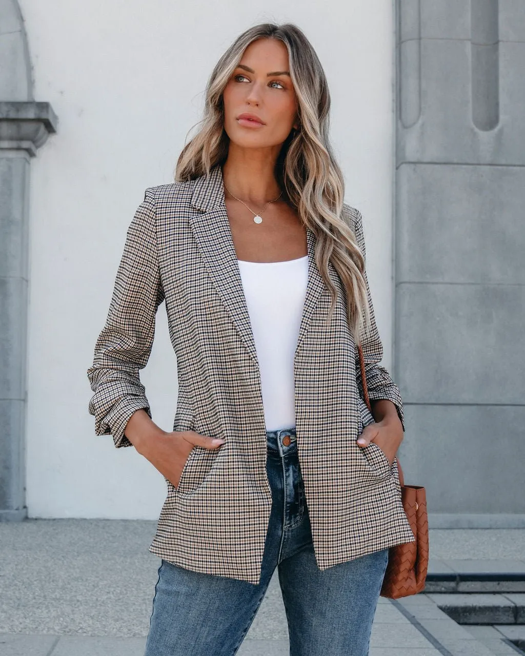 Khaki Plaid Ruched Open Front Blazer - FINAL SALE