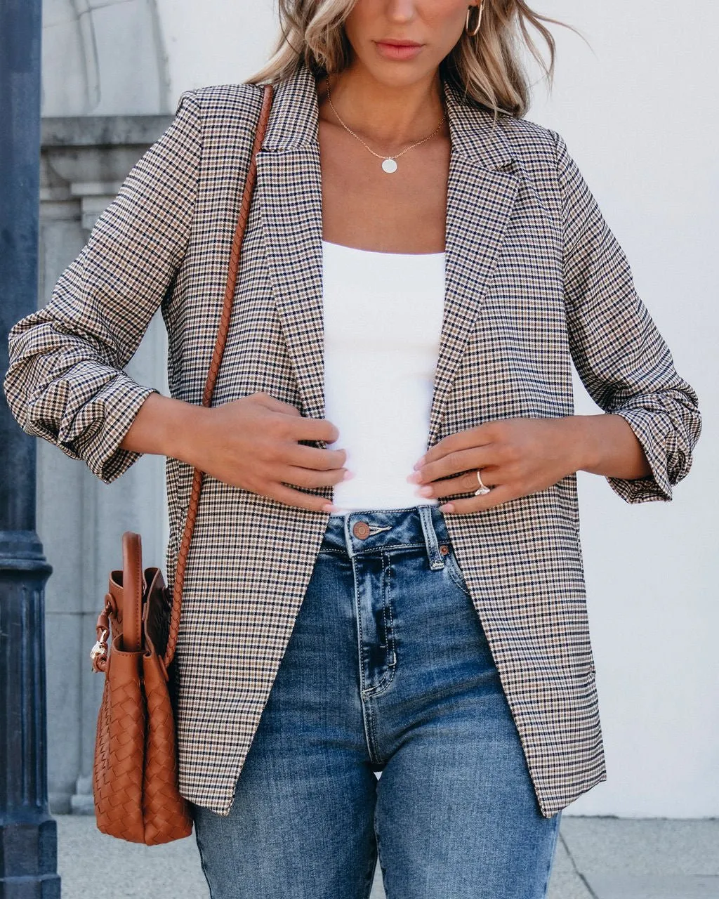 Khaki Plaid Ruched Open Front Blazer - FINAL SALE