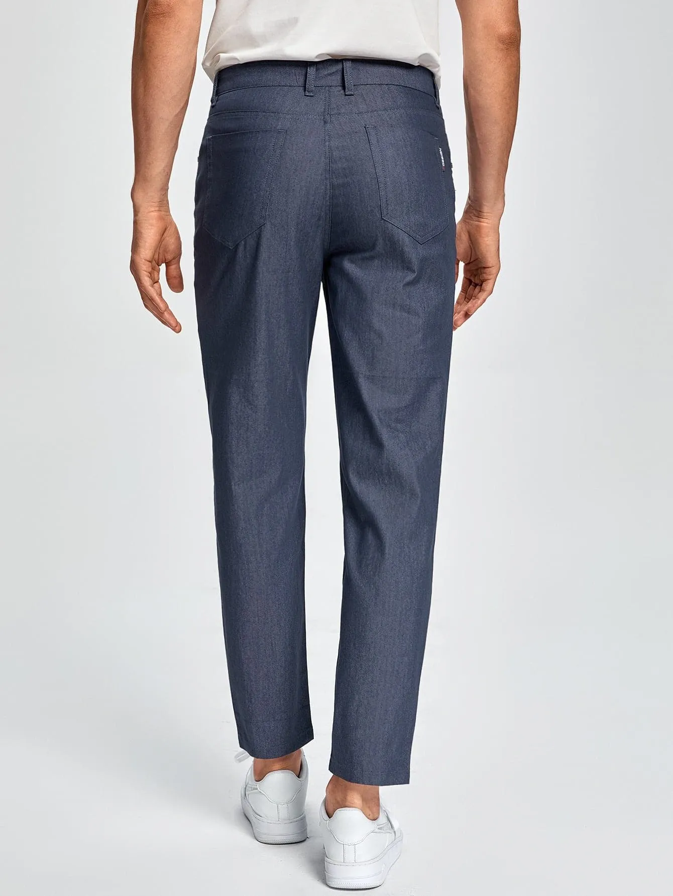 Navy Blue Button Front Solid Tailored Trousers