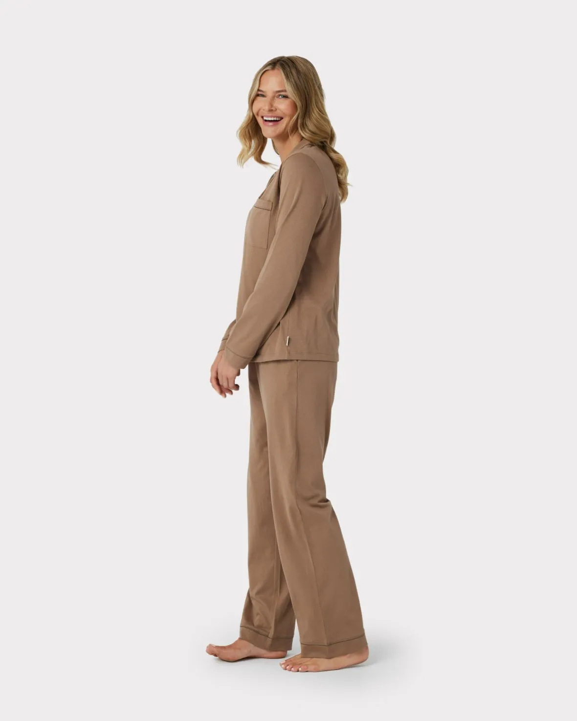 Organic Cotton Button Up Long Pyjama Set - Brown