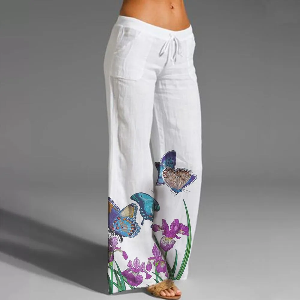 Printed Elastic Low Waist Wide Leg Pants (13 styles)