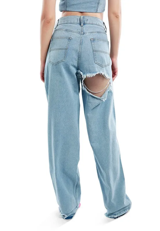 Ripped Wide Leg Denim Trousers