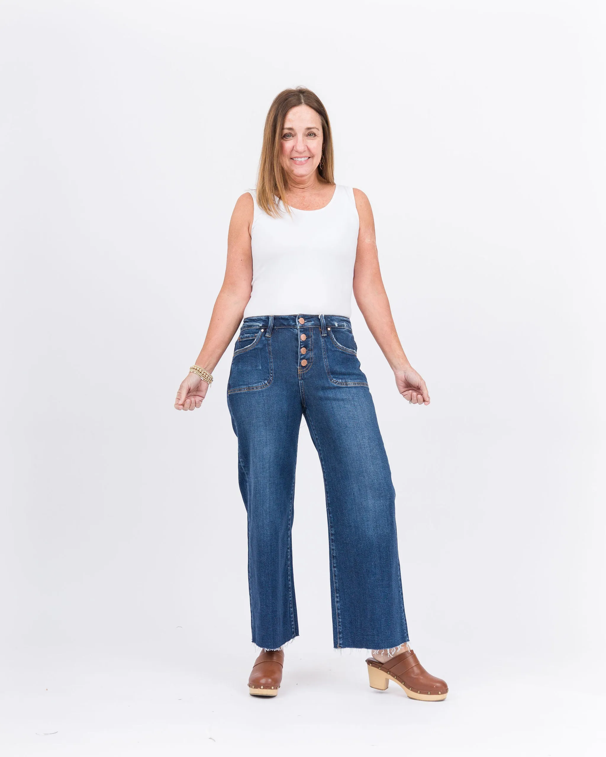 Risen High Rise Crop Wide Button Up Jeans