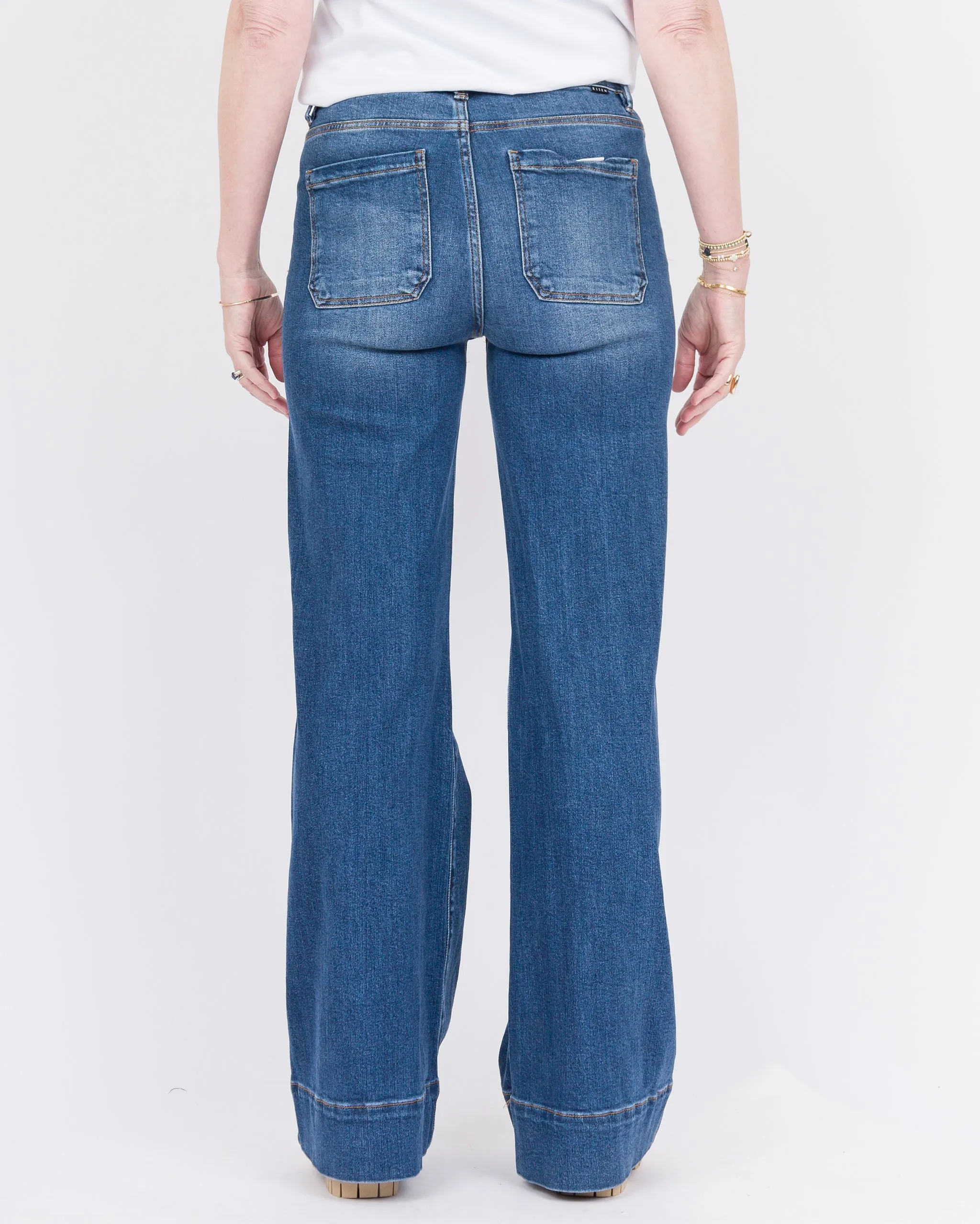 Risen High Rise Wide Flare Patch Pocket Jeans