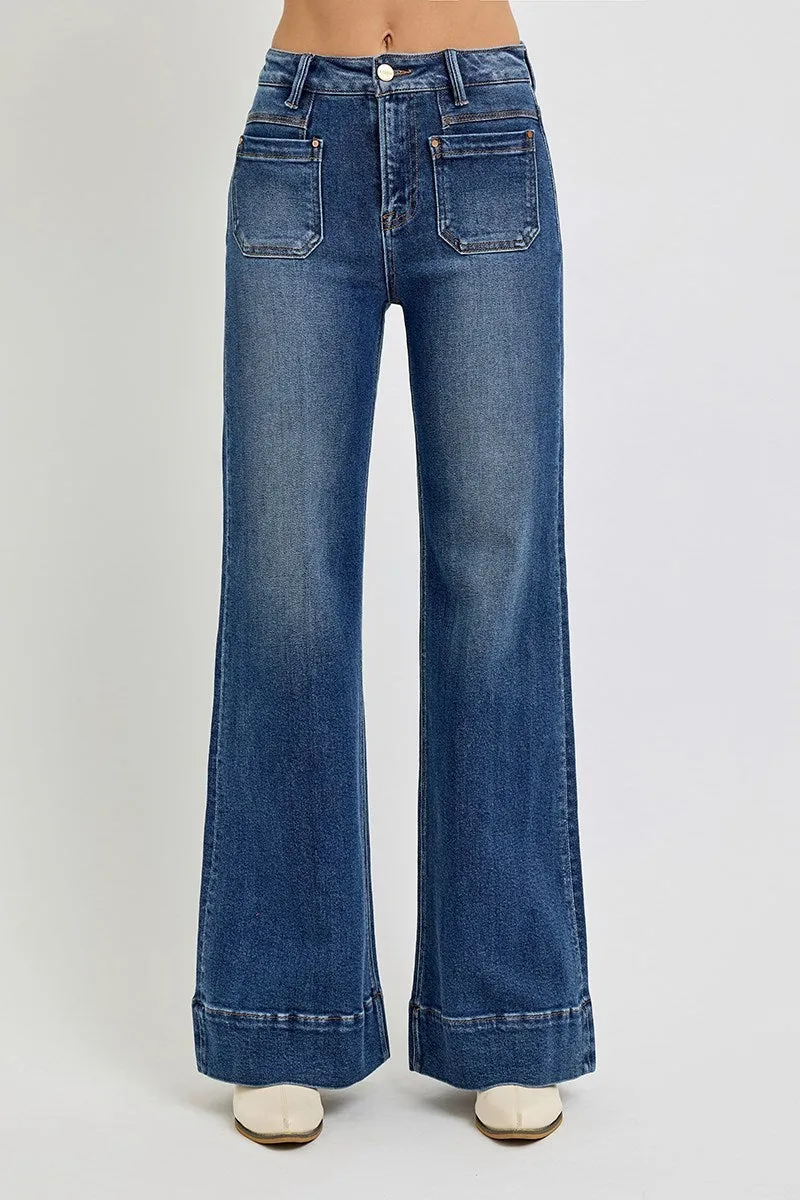 Risen High Rise Wide Flare Patch Pocket Jeans