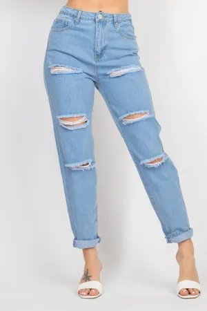 ROLLED HEM RIPPED DENIM JEANS