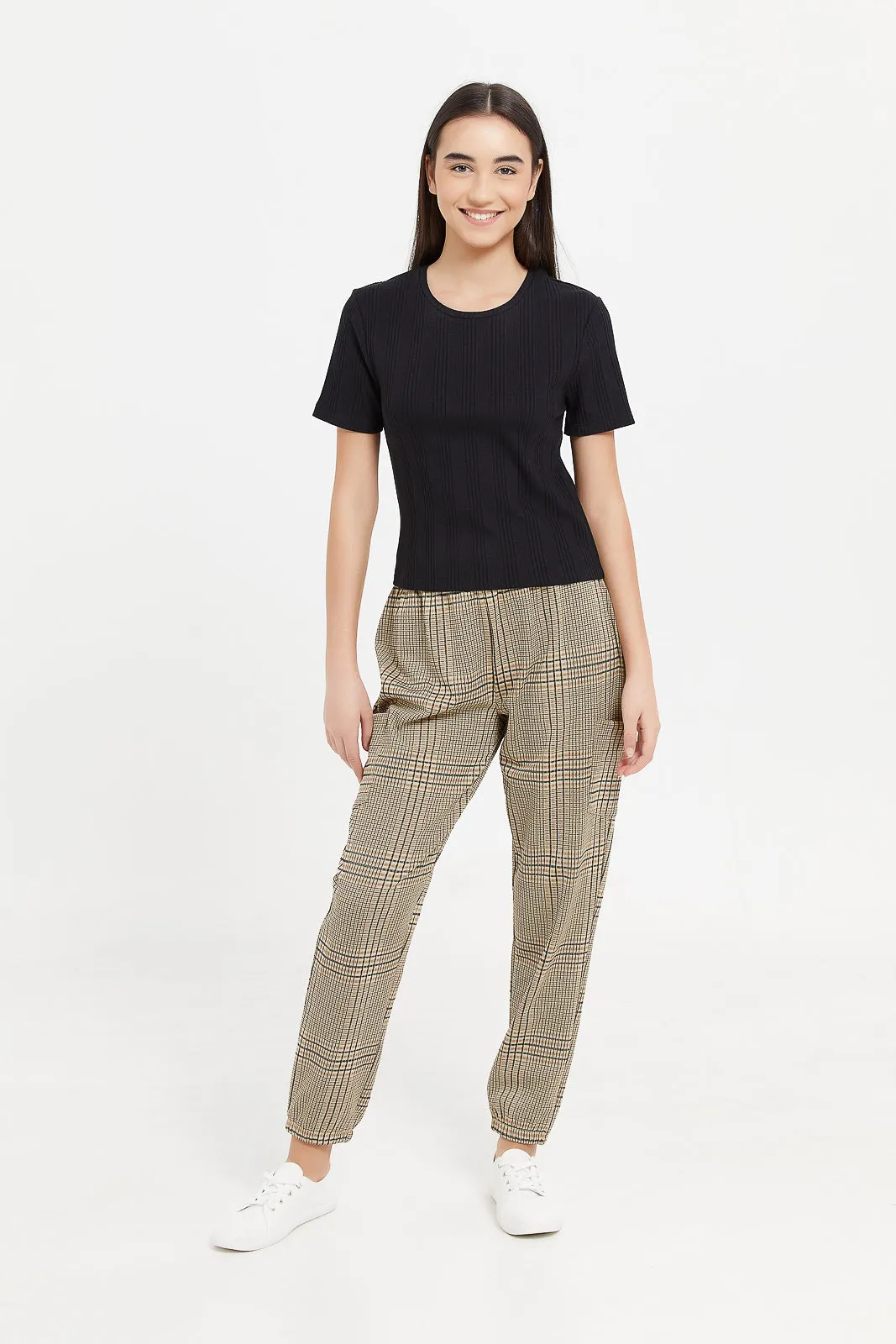 Senior Girls Beige Checkered Trousers