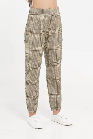 Senior Girls Beige Checkered Trousers