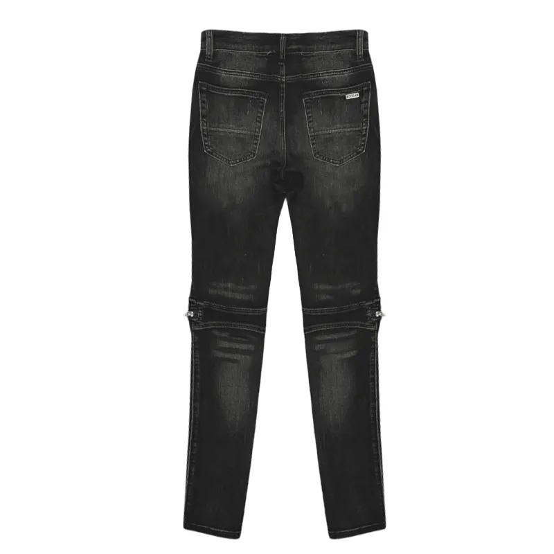 Skinny fit motorcycle stretch denim with pleated knee details