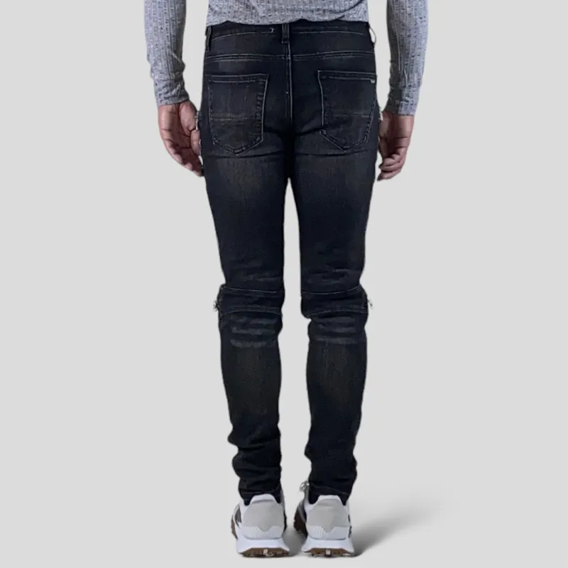 Skinny fit motorcycle stretch denim with pleated knee details