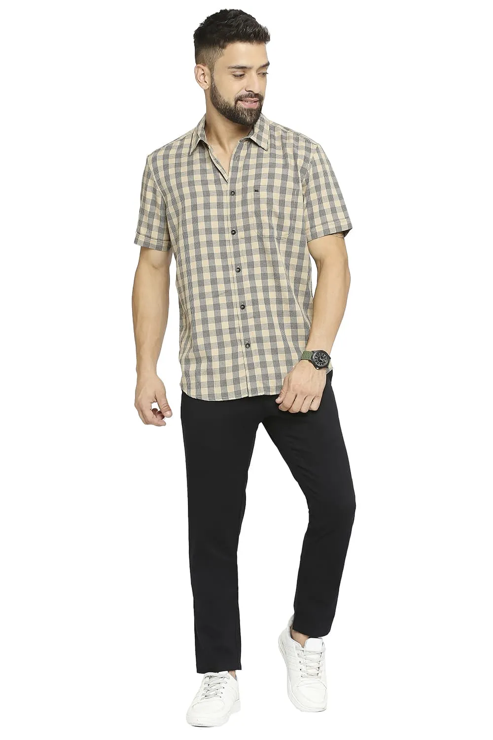 Slim Fit Polyester Viscose Twill Checks Halfsleeves Shirt